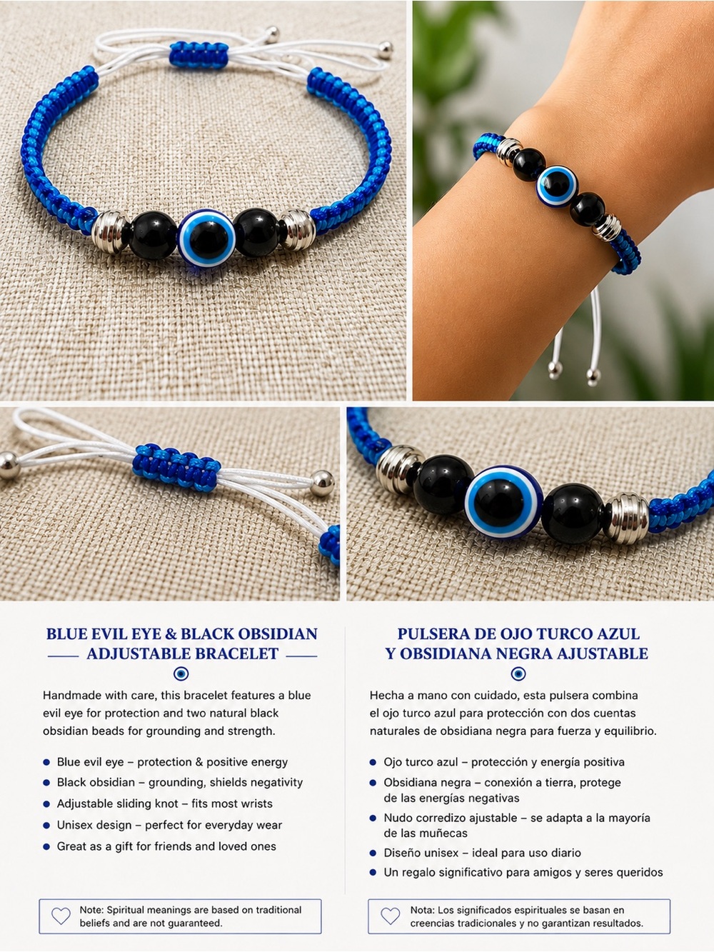 Blue Evil Eye & Black Obsidian Macrame Adjustable Bracelet